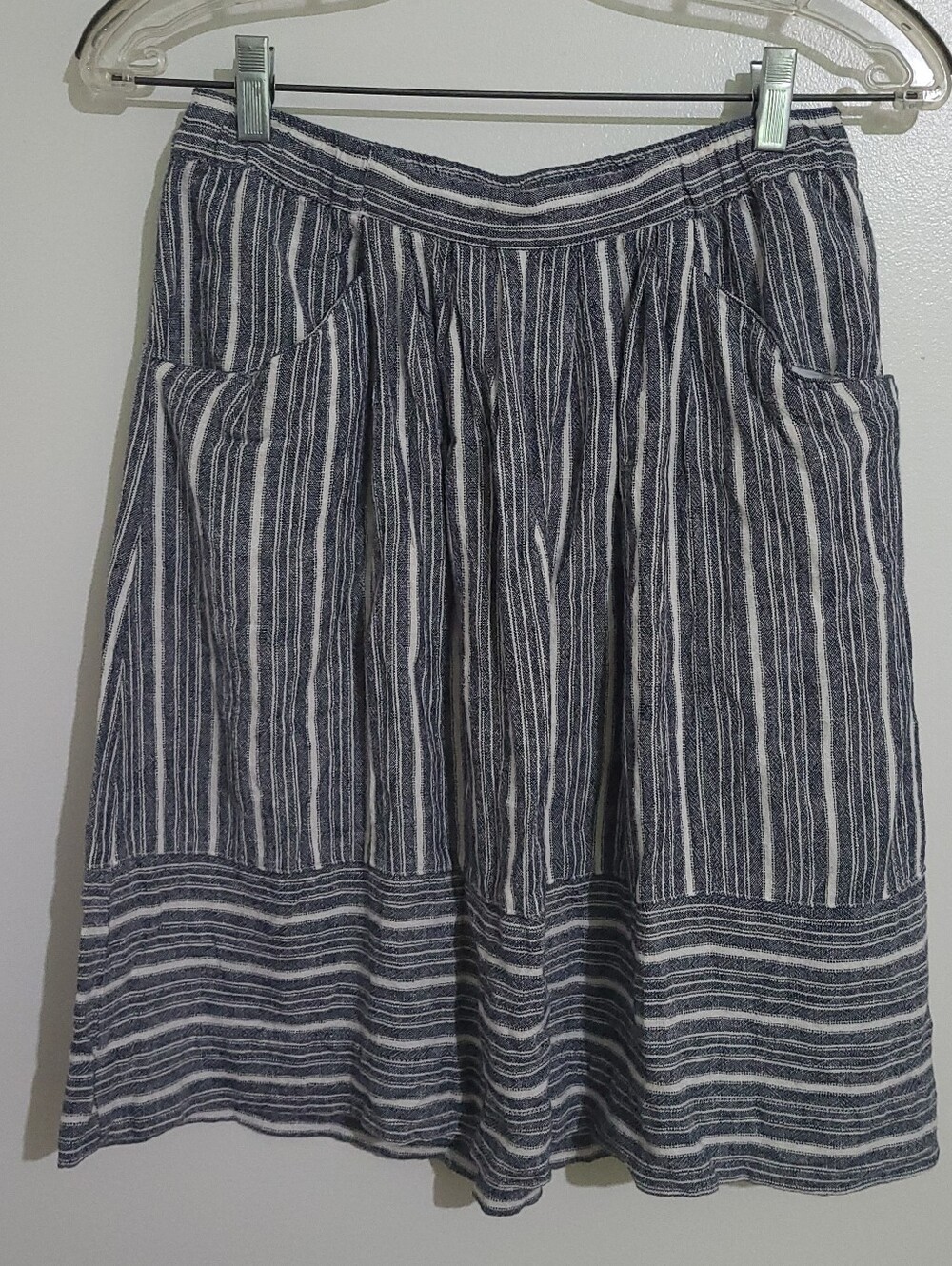 Joe Fresh Striped Linen Blend A Line Mini Skirt Blue White Pockets Size XS